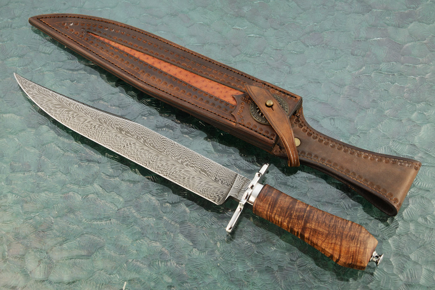Feather Damascus Take-Down Bowie with Tasmanian Blackwood