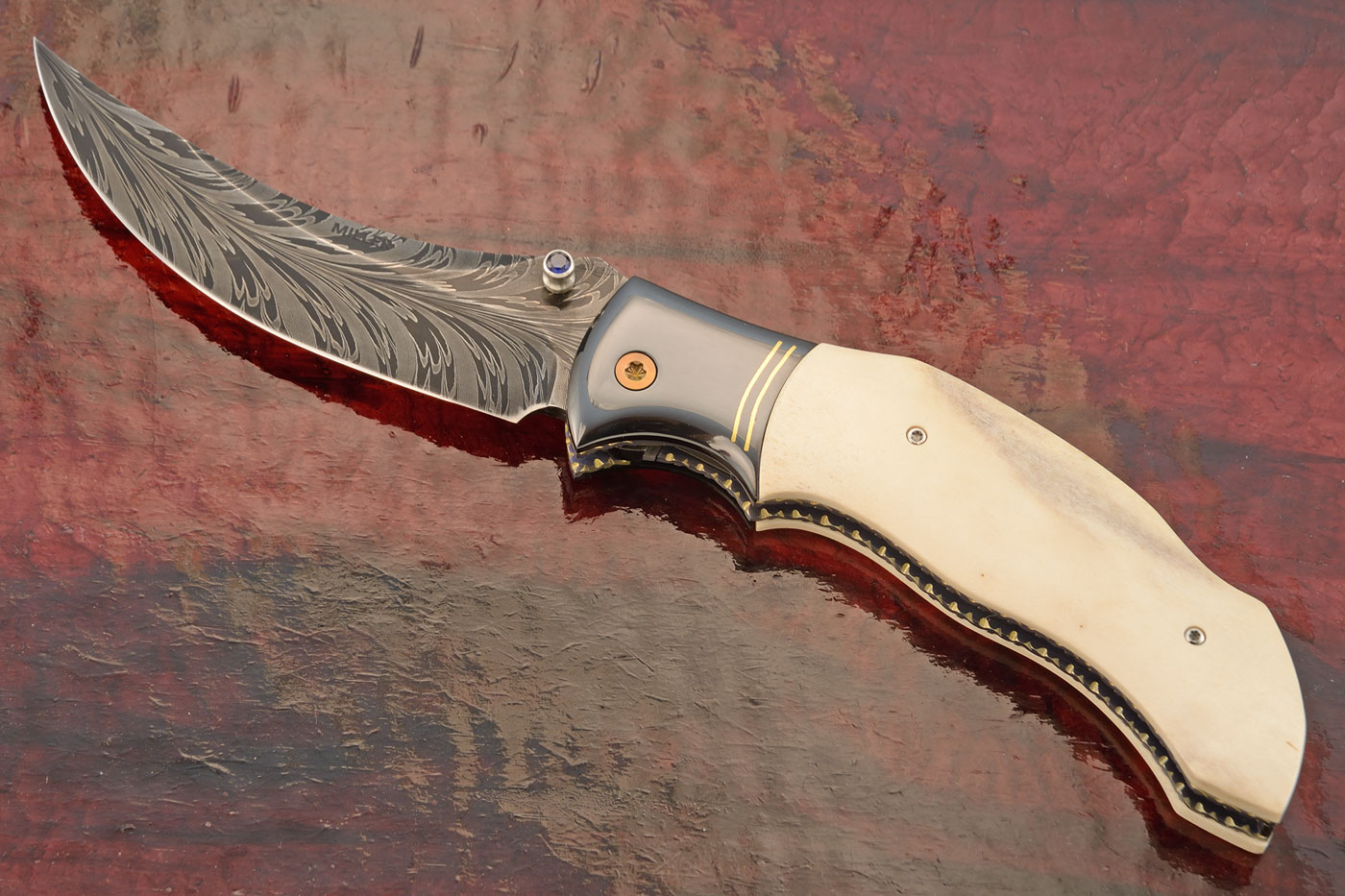 Feather Damascus Persian Linerlock with Moose Antler