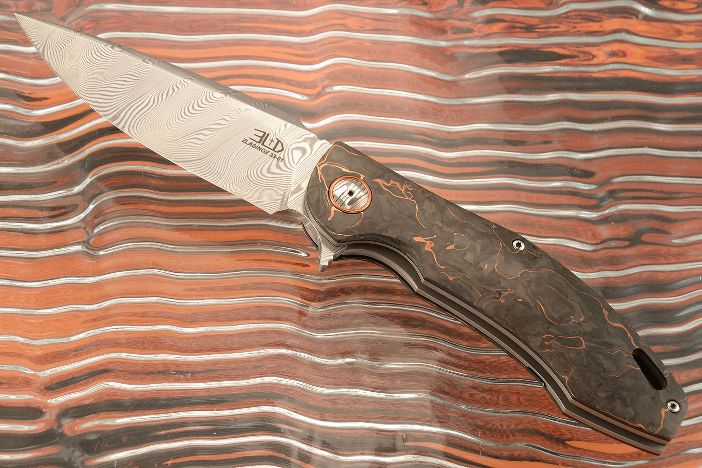 H4 Flipper with Twist Damascus and Copper Infused Carbon Fiber