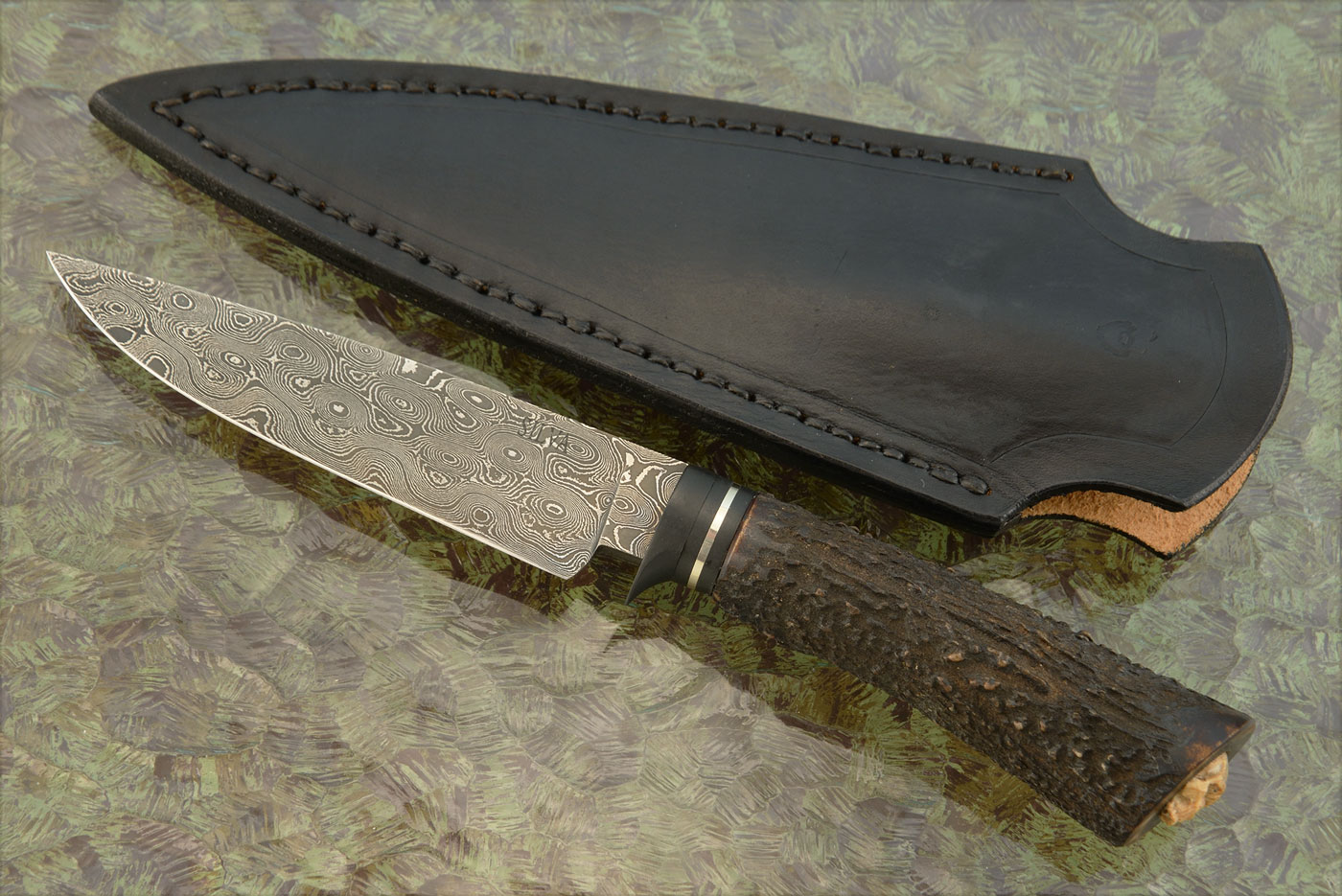 Raindrop Damascus Hunter with Stag - Skull