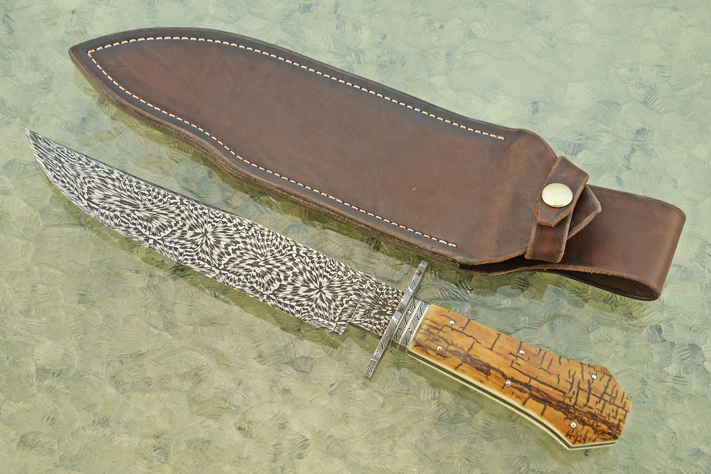 Coffin Handle Bowie with Mosaic Damascus and Mammoth Ivory