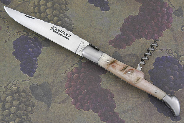 Laguiole Guilloché Picnic Knife with Corkscrew, Ram Horn Tip