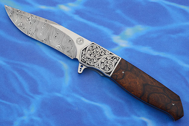 L36 Damascus Engraved Flipper with Ironwood (IKBS)