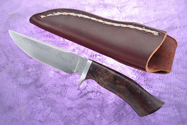 Damascus Clip Point Hunter with Redwood Burl