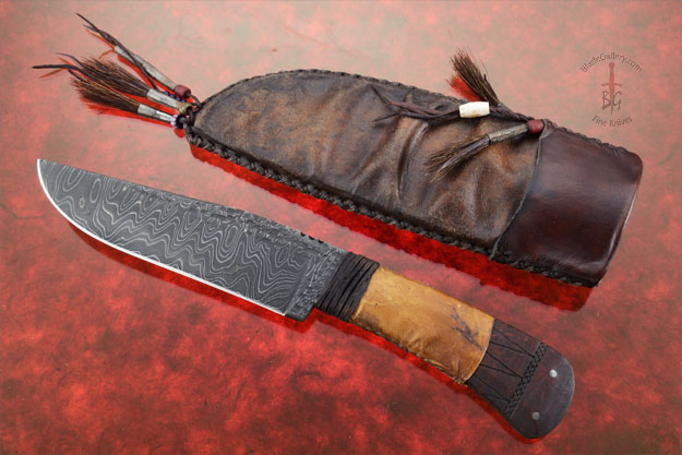 Field Knife with Maple, Tribal Markings and Damascus