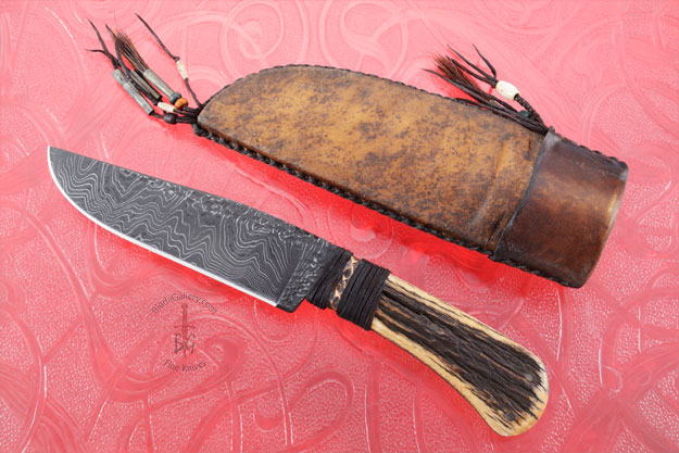 Field Knife with Elk Antler and Damascus