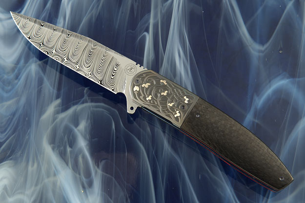 L28 Flipper with Carbon Fiber, Damascus, Engraved Zirconium and Silver Inlay (IKBS)