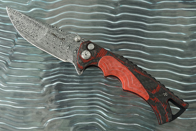 Tighe Fighter Button Lock Flipper with Damascus and Glow in the Dark Red/Black Carbon Fiber