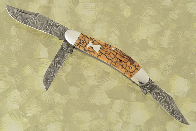 Three Blade Sowbelly Trapper with Stainless Damascus and Mammoth Ivory