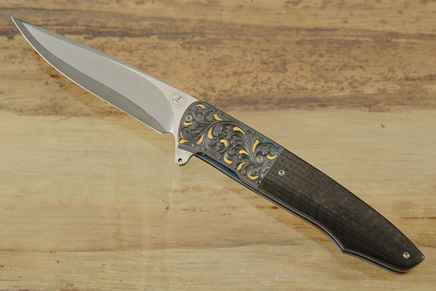L19 Flipper with Carbon Fiber, Zirconium, and SG2 San Mai Damascus - Engraved Scrolls and Gold Inlay (Ceramic IKBS)