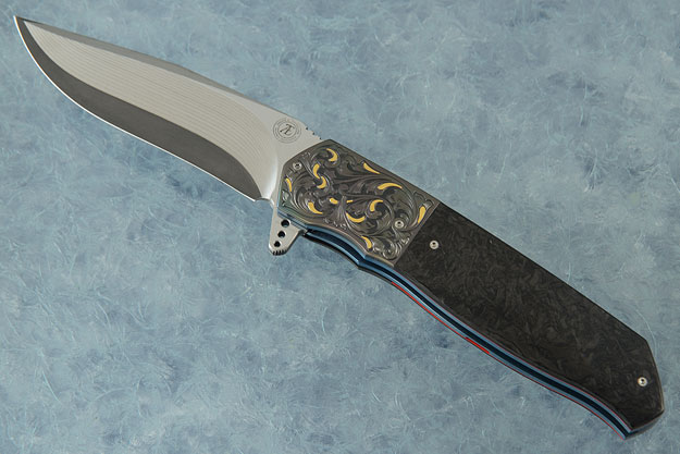 L36M Flipper with Marbled Carbon Fiber, Zirconium, and SG2 San Mai Damascus - Engraved Scrolls and Gold Inlay (Ceramic IKBS)