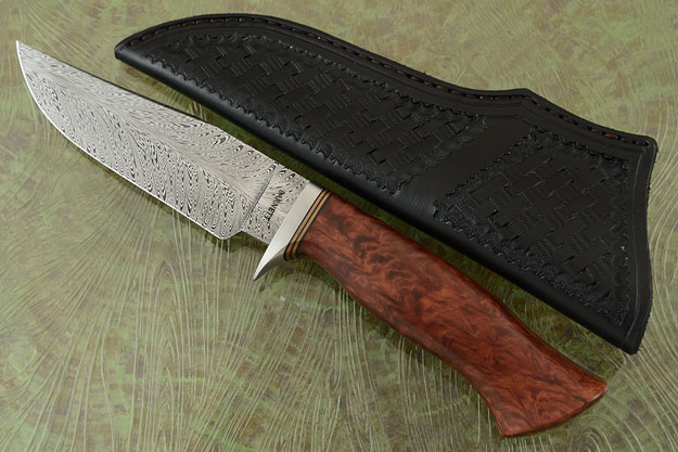 Feather Pattern Damascus Clip Point Hunter with Red Morrel Burl