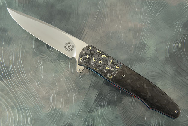 L20 Flipper with Marbled Carbon Fiber and Zirconium - Engraved Scrolls and Gold Inlay (Ceramic IKBS)