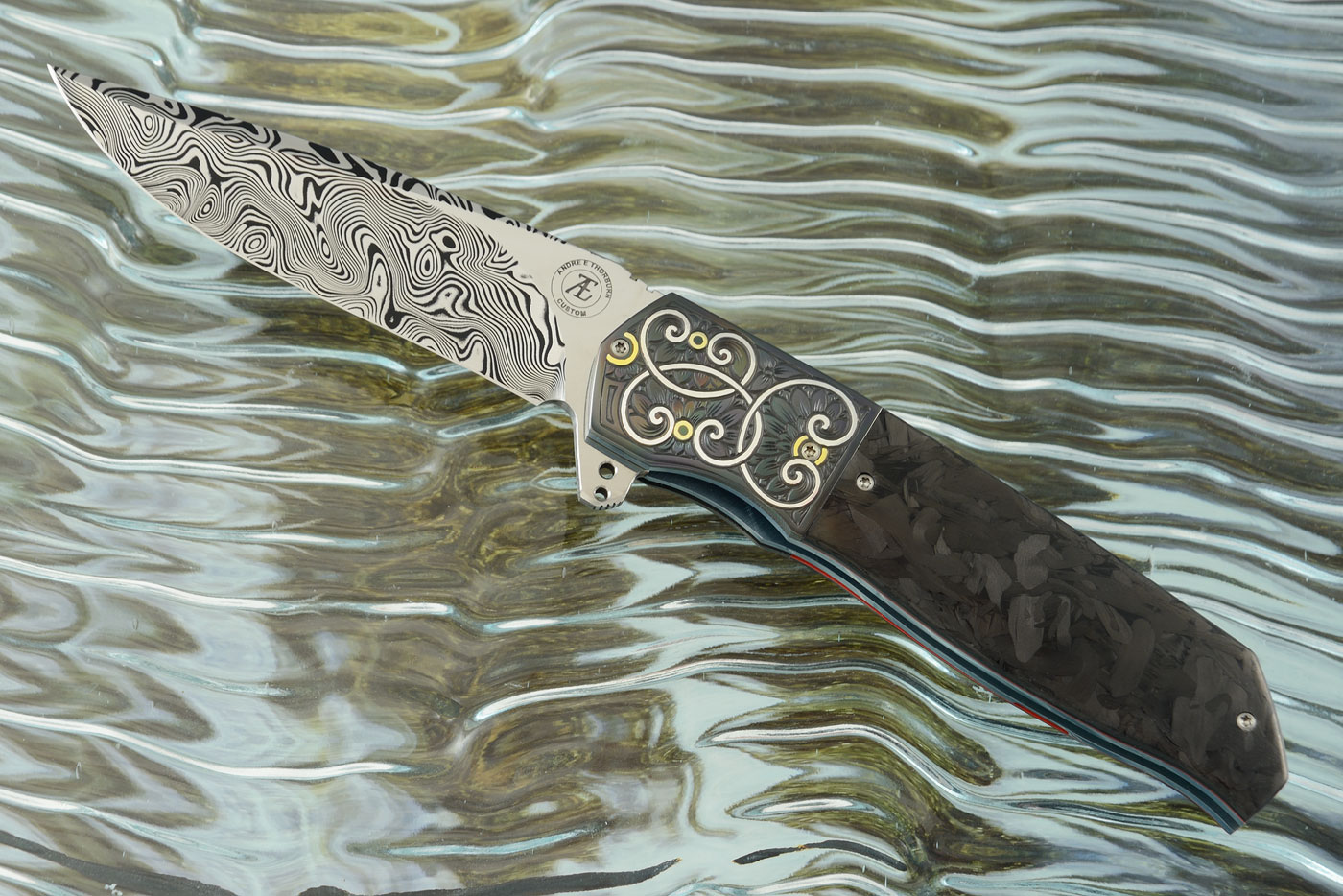 L36S Flipper with Marbled Carbon Fiber, Zirconium, and Damasteel - Engraved with Silver and Gold Inlay (Ceramic IKBS)