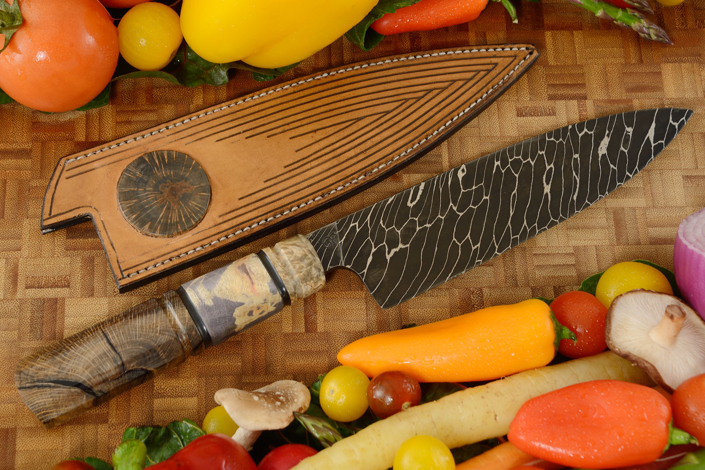 Damascus Chef Knife (7-3/4 in) with Birch, Mallee Burl, and Oak