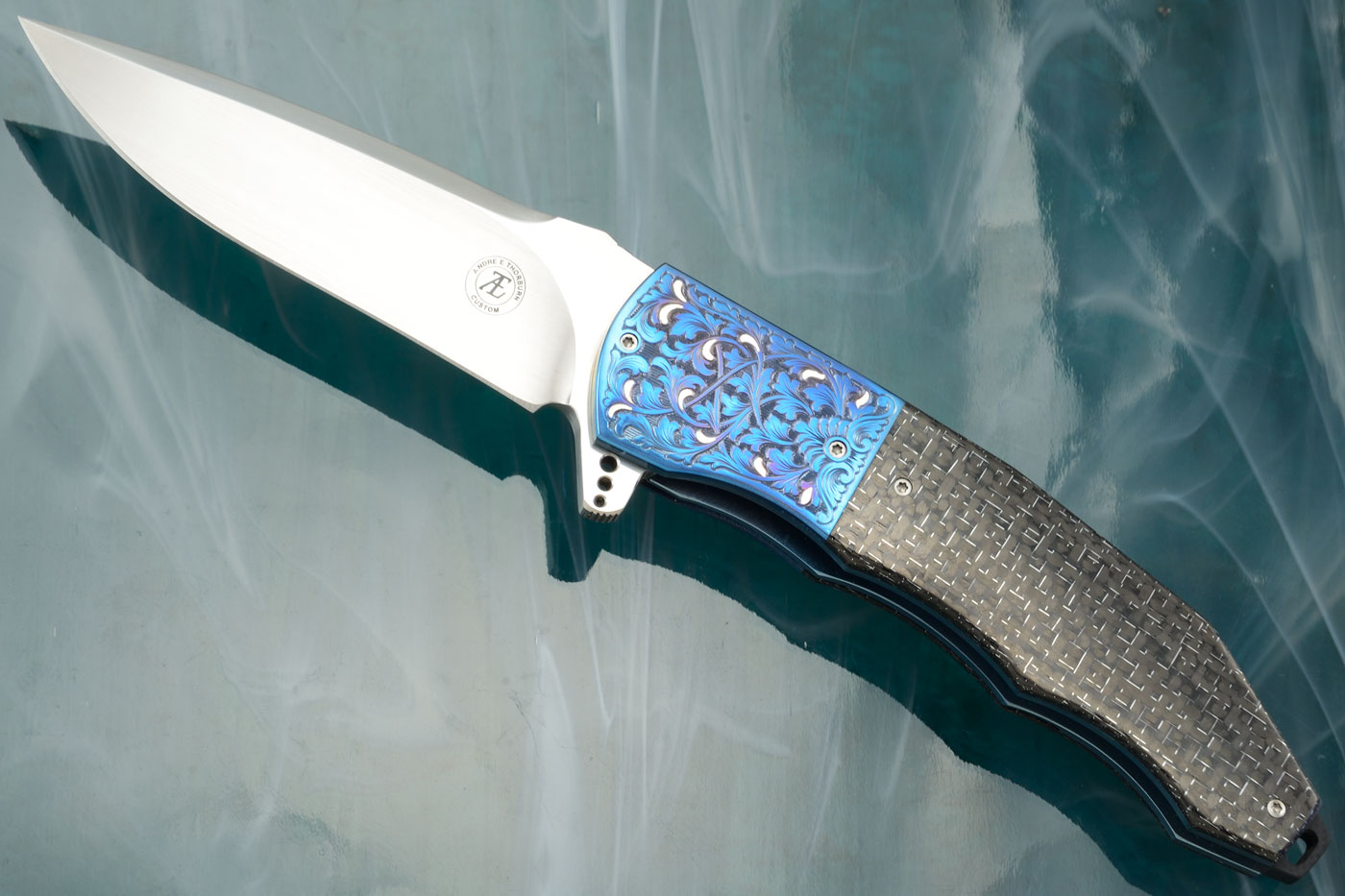 L53 Flipper with Silver Strike Carbon Fiber and Engraved Titanium with Silver Inlays (Ceramic IKBS) - CTS-XHP