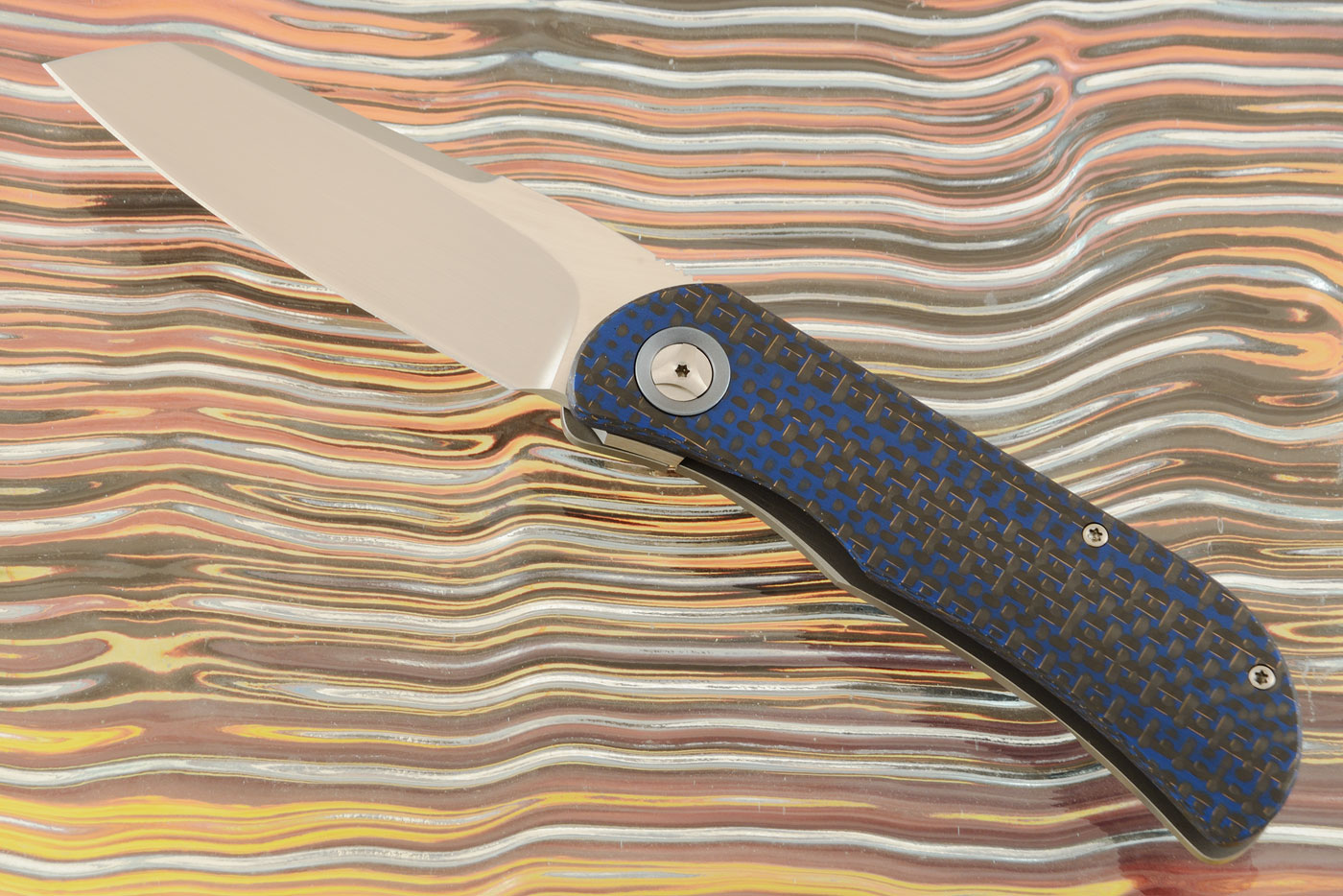 EXK CFL Front Flipper - Satin Finished, Sheepsfoot, Blue Silver Strike Carbon Fiber