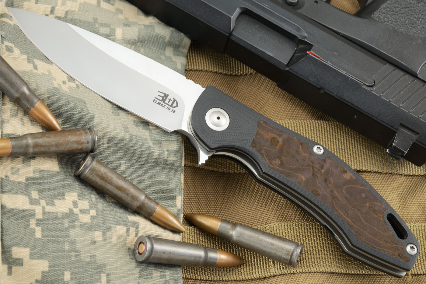 H4 Flipper with Black G10 and Birdseye Maple Inlay - ELMAX (Ceramic Bearings)