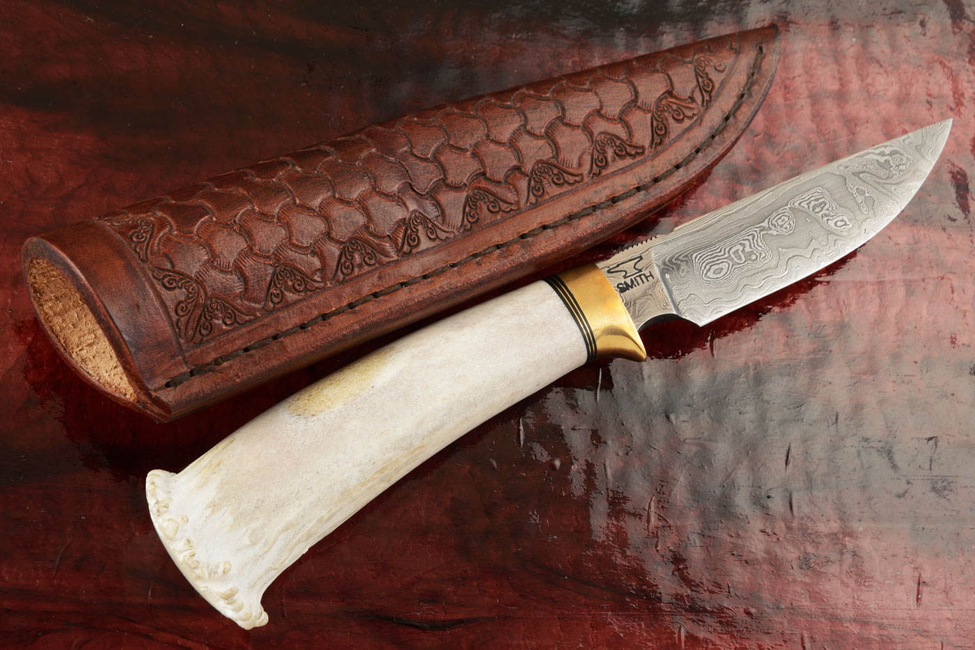 Damascus Drop Point Hunter with Weathered Stag Crown