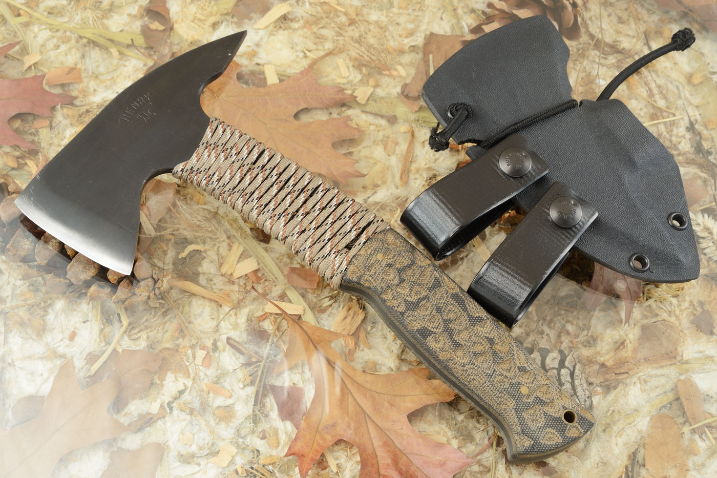Tactical Compact Hawk with Sculpted Micarta and Camo Paracord