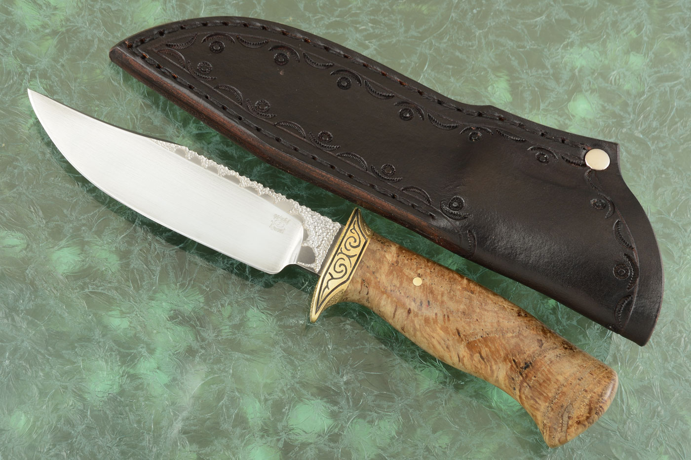 Engraved Clip Point Hunter with Pecan Wood Burl