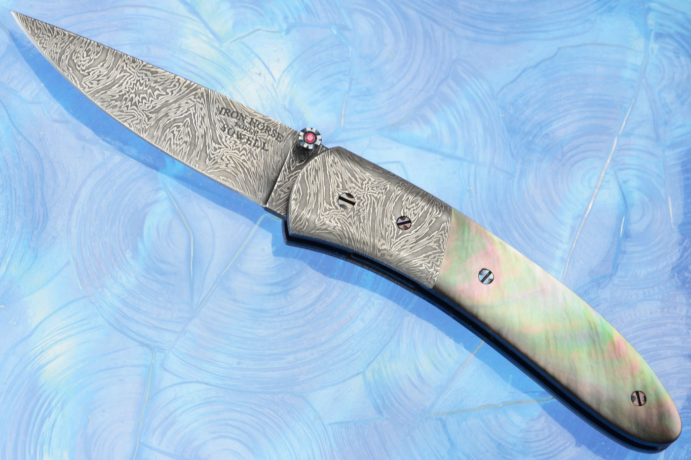 Damascus Explosions Folder with Blacklip Mother of Pearl