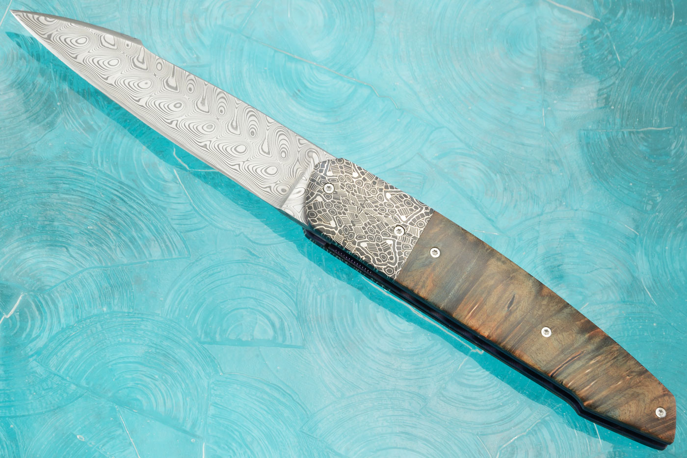 Iris Front Flipper with Damascus and Maple Burl