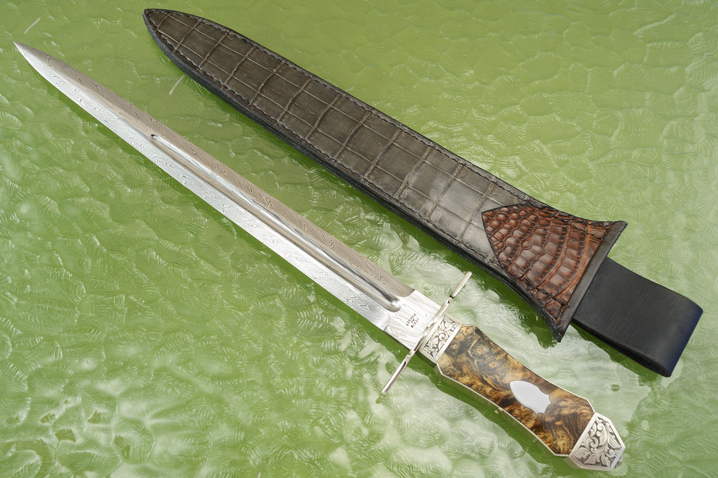 Engraved Frame Handle Damascus Dagger with Buckeye Burl: <i>Best Dagger</i>, <i>Best Own Damascus</i> - Knifemakers' Guild of Southern Africa Show, 2019