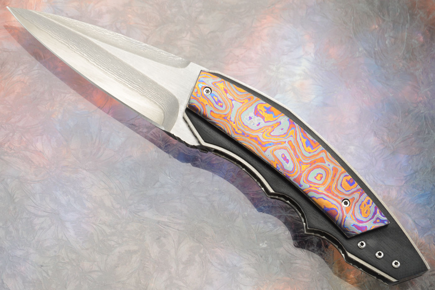 Snout Front Flipper with Damascus San Mai, Titanium Damascus and Marble Carbon Fiber