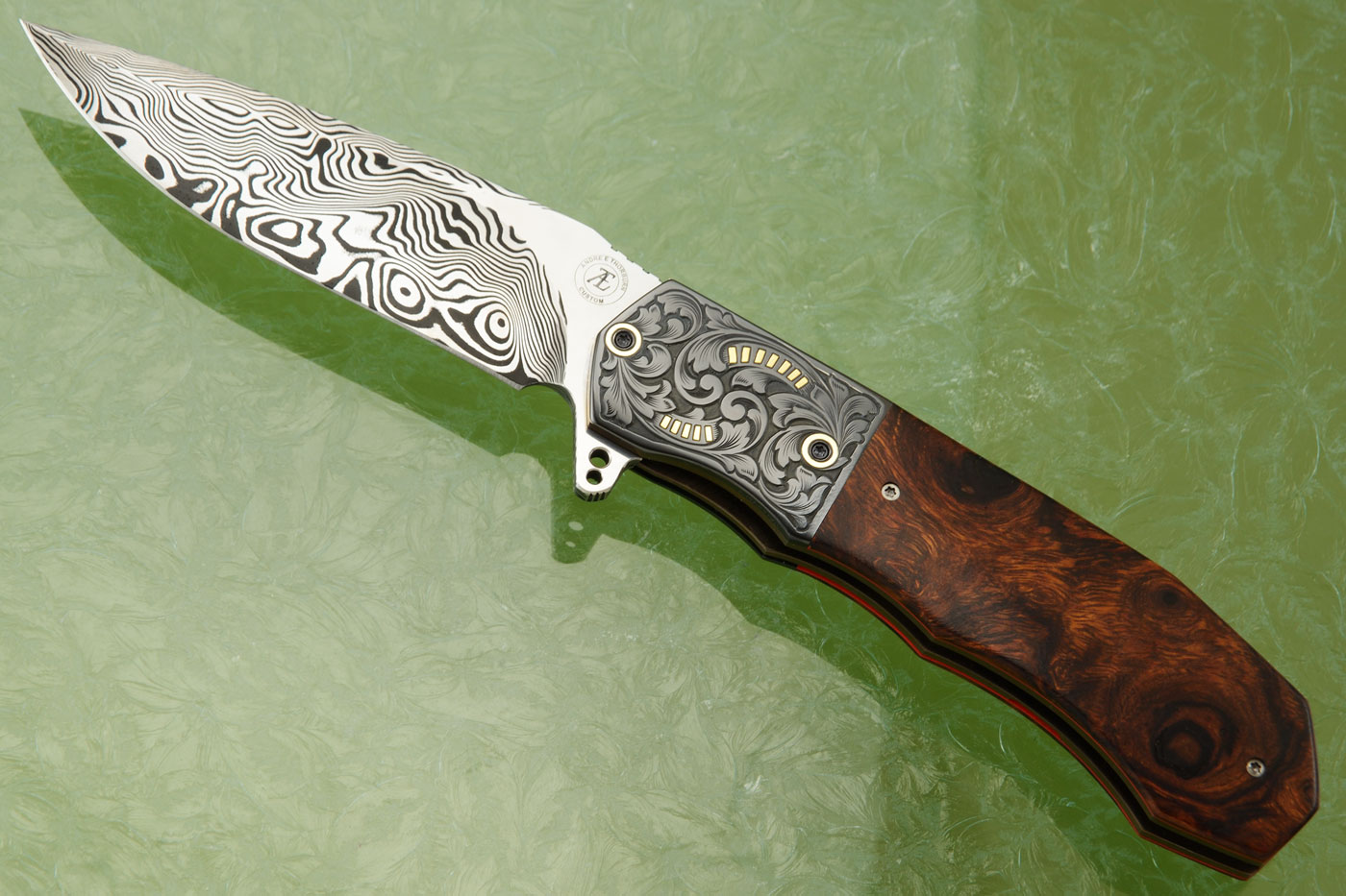 L44 Compact Flipper with Ironwood, Damascus, and Engraved Zirconium with Gold Inlays (Ceramic IKBS)