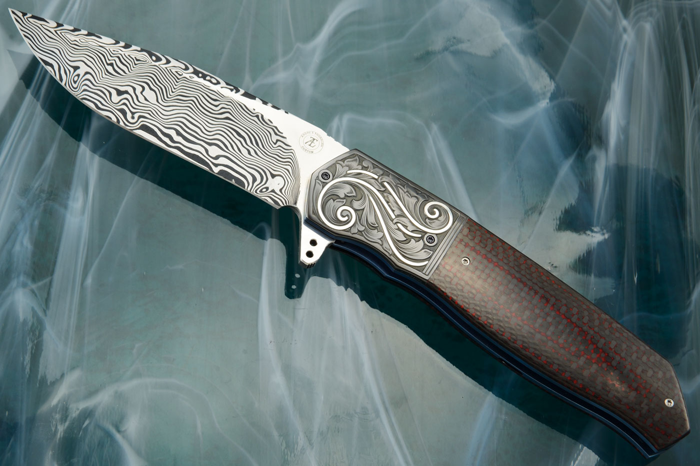 L36M Flipper with Damasteel, Red/Black Carbon Fiber, and Silver Inlaid, Engraved Zirconium (Ceramic IKBS)