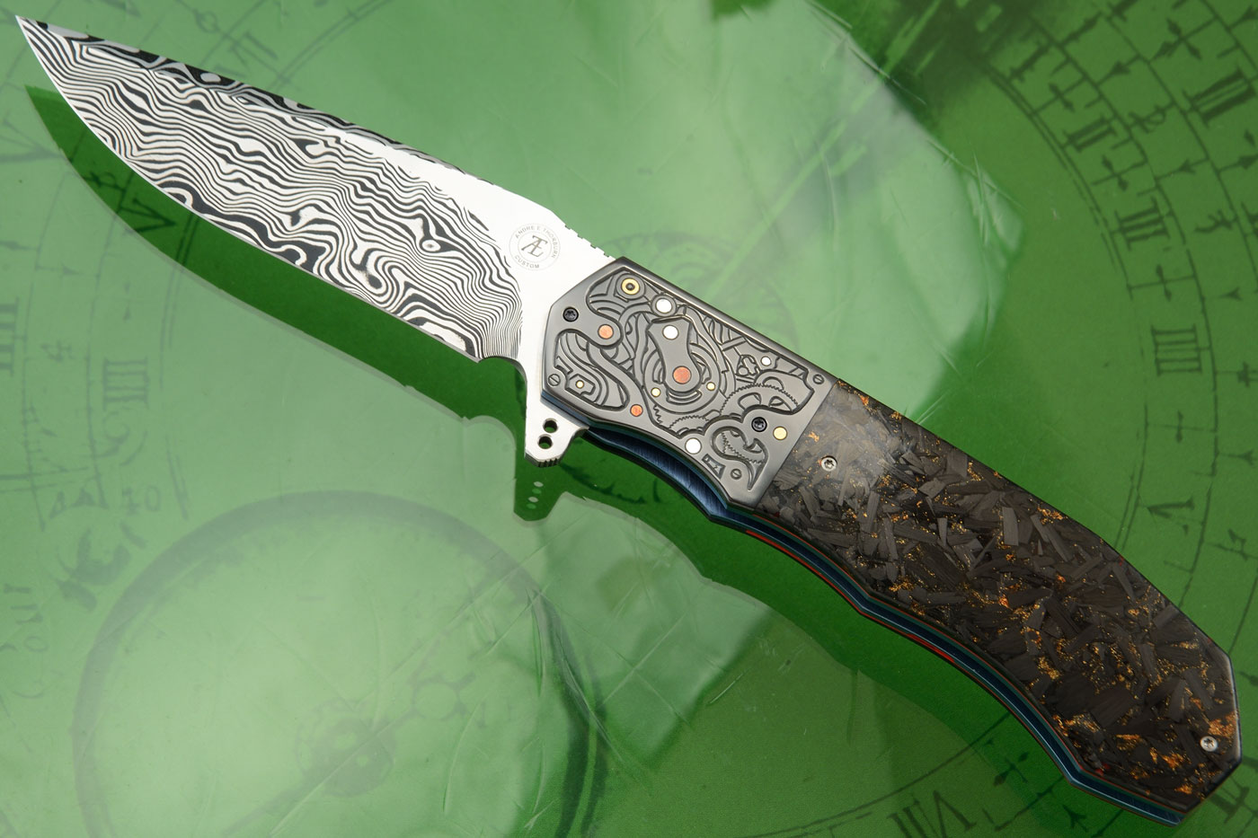 Gears - L44M Flipper with Bronze Shred Carbon Fiber, Damascus, and Engraved Zirc (Ceramic IKBS)