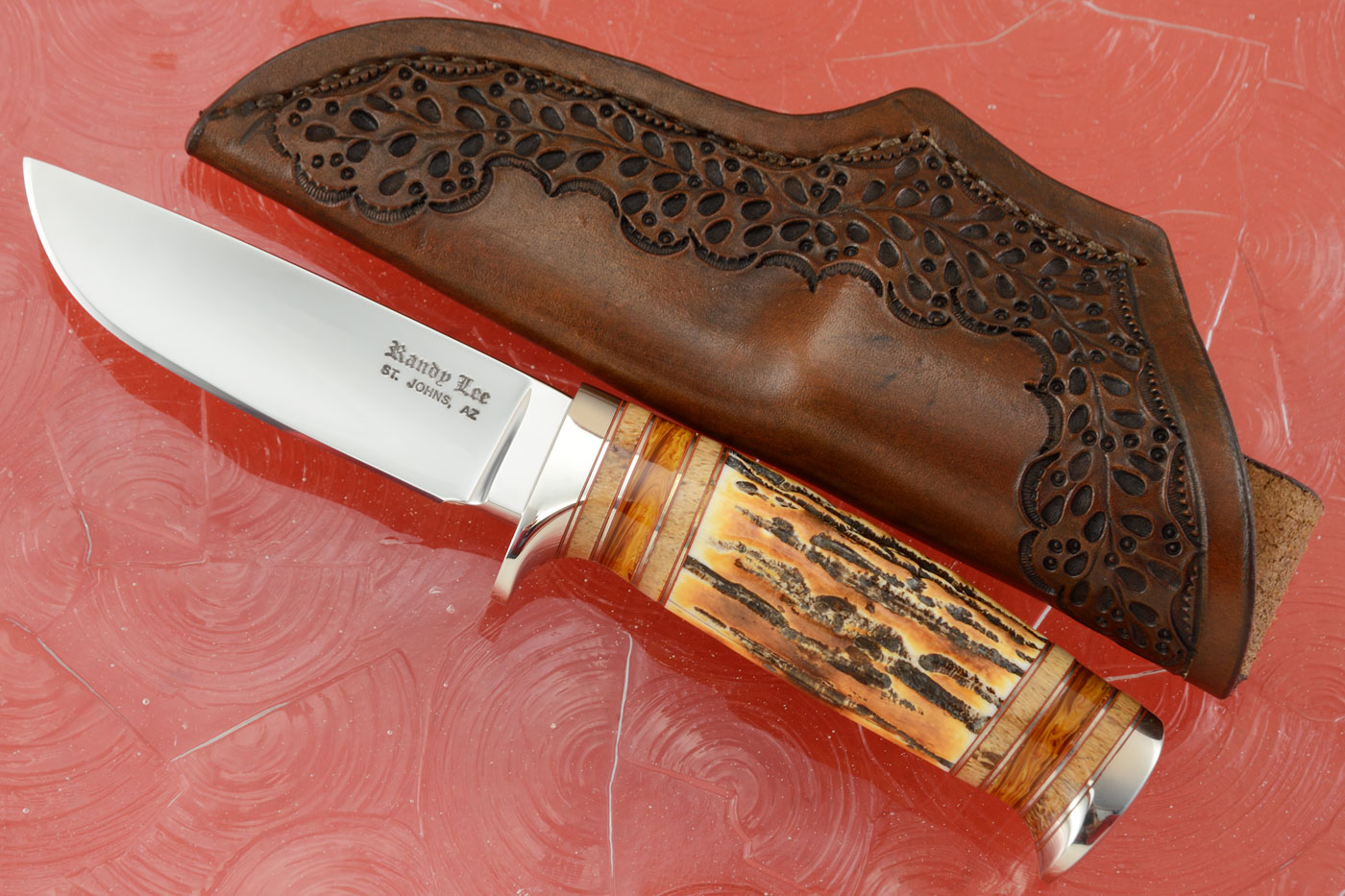 Drop Point Hunter with Bone Stag, Fire Amber, and Oosic