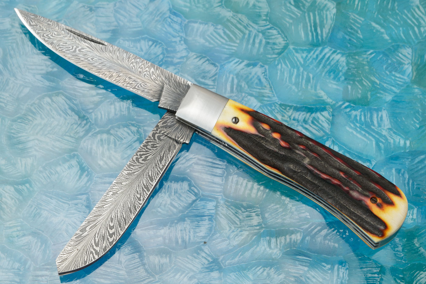 Feather Damascus Two Blade Baby Bullet Slipjoint with Stag