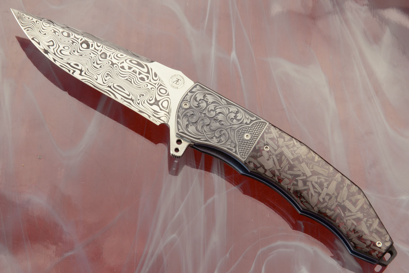 L53 Flipper with Red Shred Carbon Fiber, Engraved Zirconium, and Damascus (Ceramic IKBS)