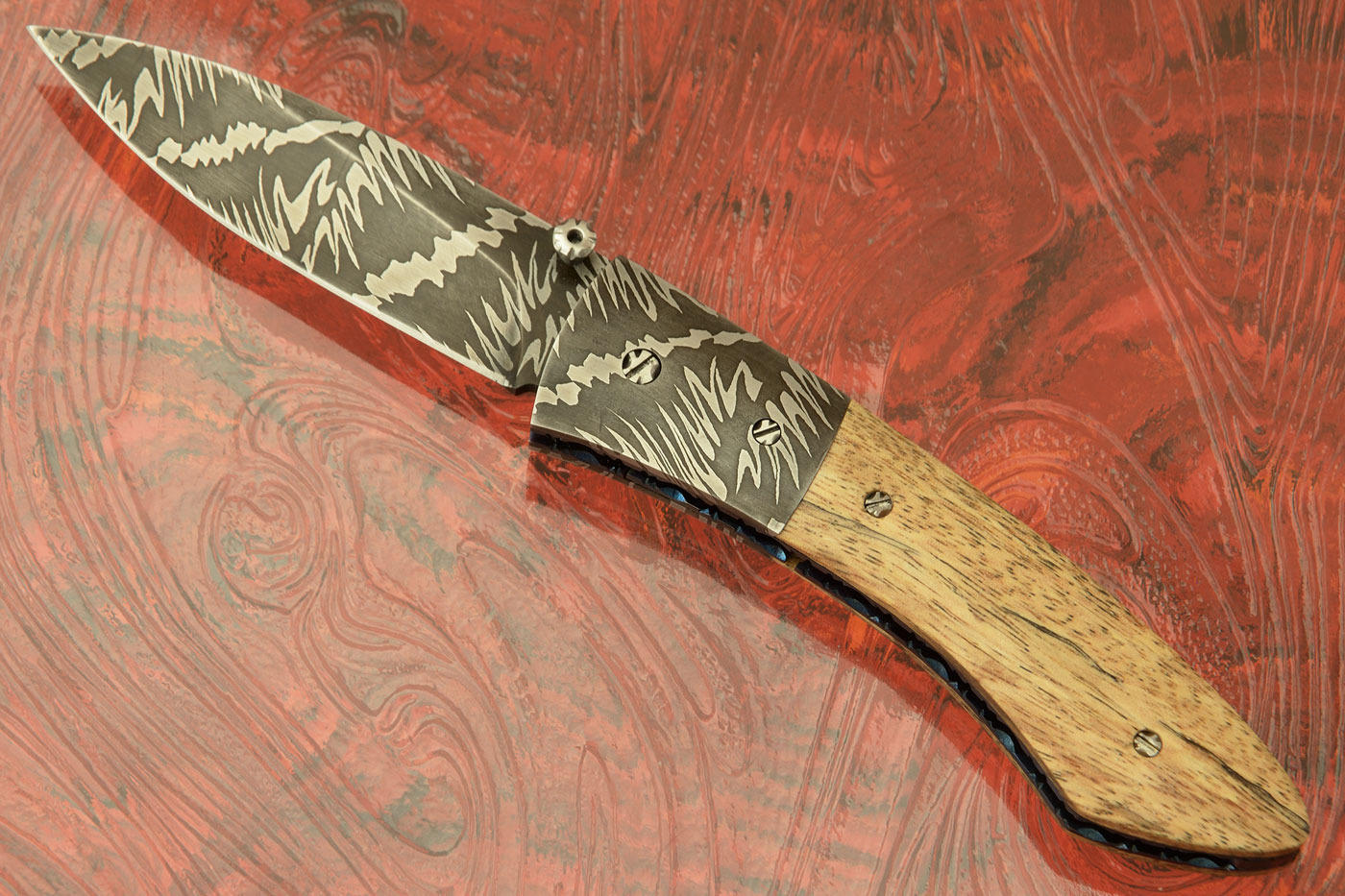 Barbed Wire Damascus Folder with Spalted Tamarind Wood