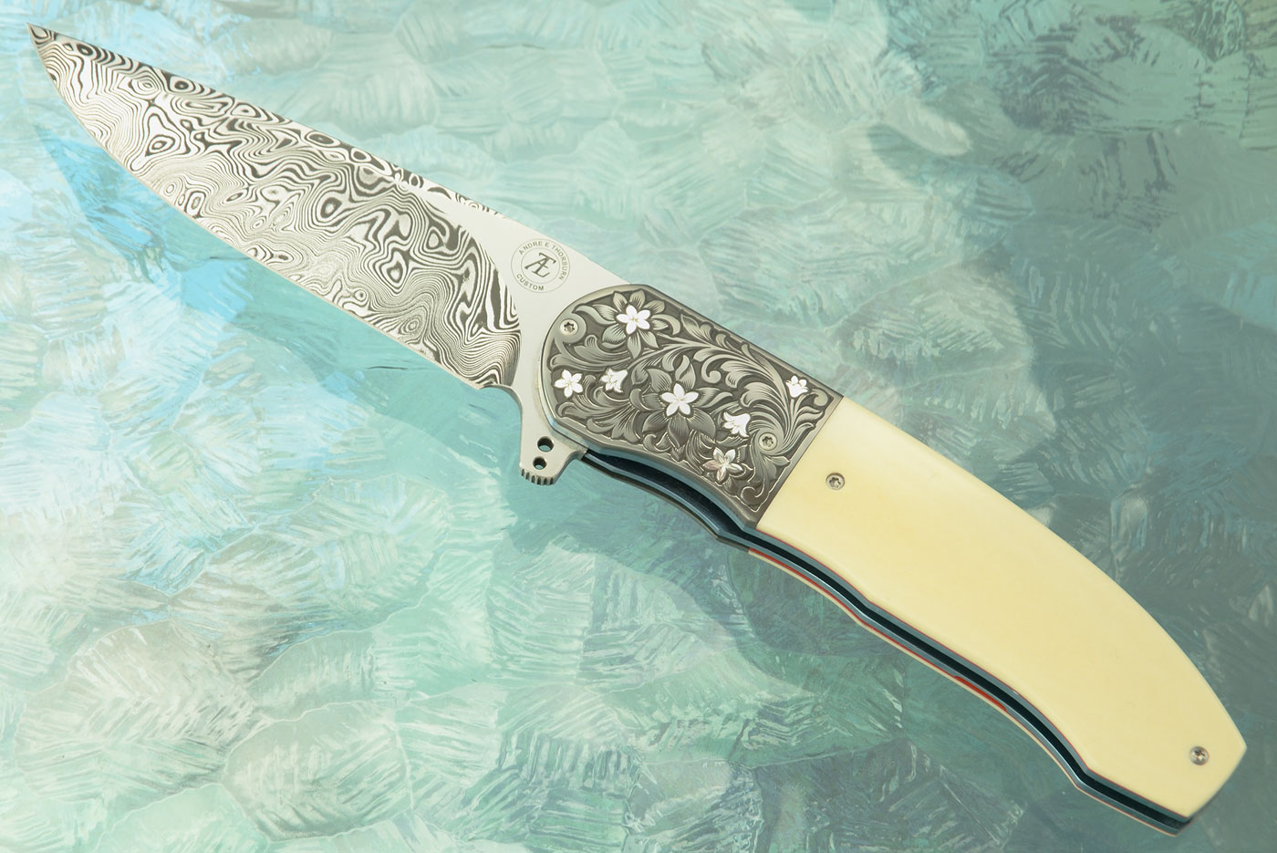 L48 Flipper with Antique Westinghouse Micarta, Damascus, and Engraved Zirconium with Silver Inlays (Ceramic IKBS)
