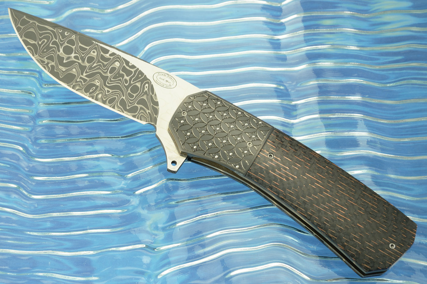 LL15 Flipper with Damascus, Copper Wire Carbon Fiber, and Engraved Zirconium (Ceramic IKBS)