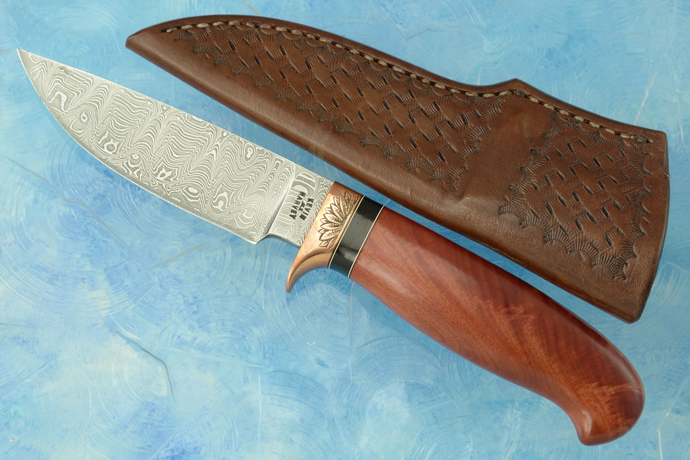 Damascus Drop Point Hunter with Red Ivory and African Blackwood