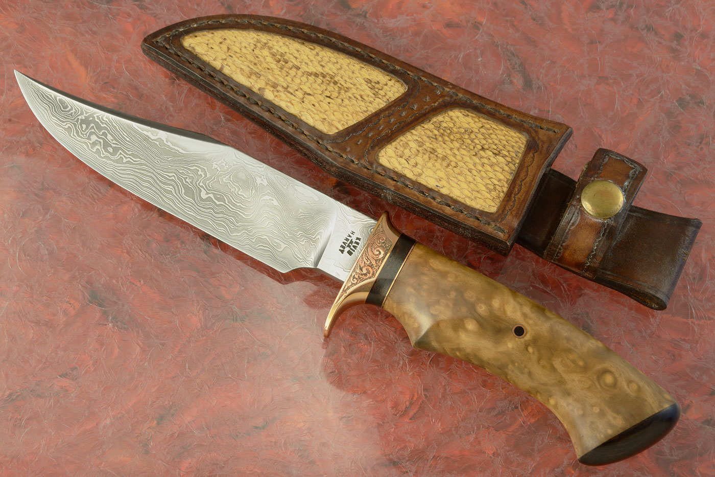 Damascus Clip Point Bowie/Hunter with Fever Tree Burl
