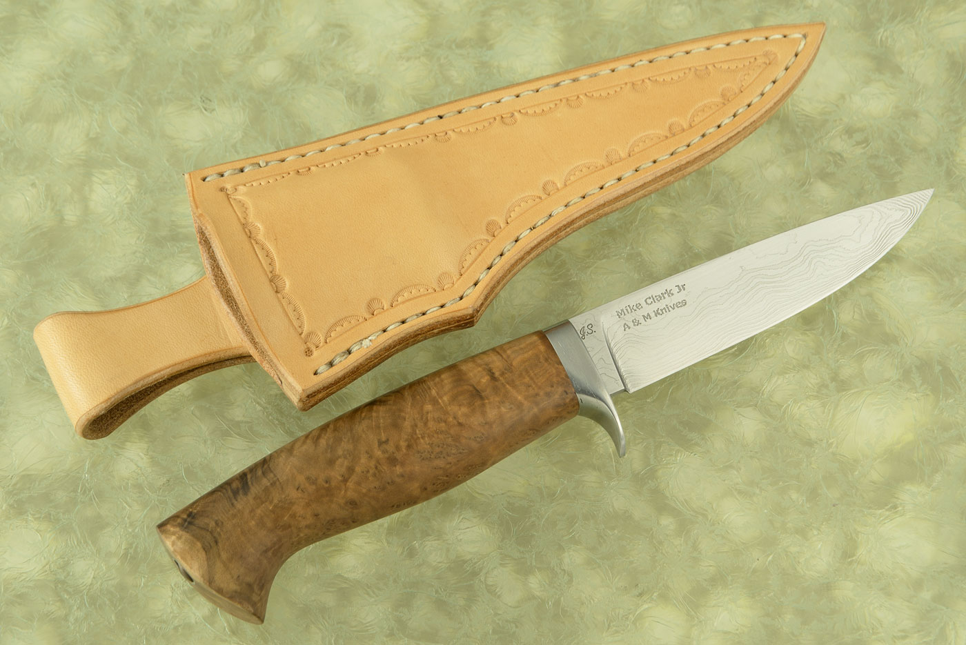 Damascus Drop Point Hunter with Brown Mallee Burl