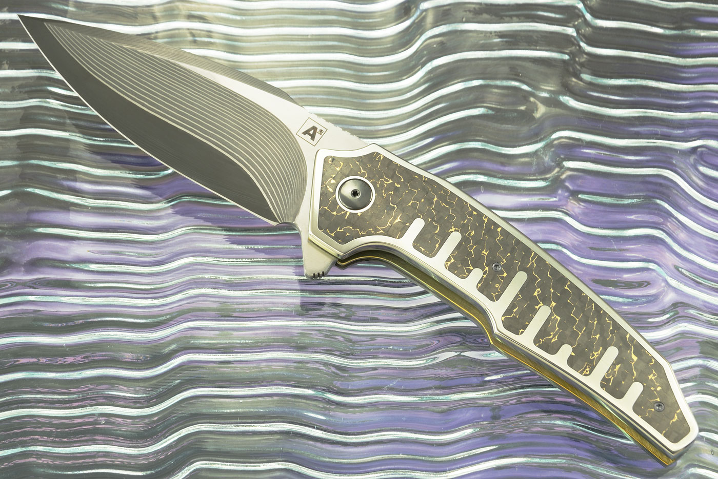 A6 Interframe Flipper with Skyline Snakeskin Carbon Fiber and SG2 Damascus (Ceramic IKBS)