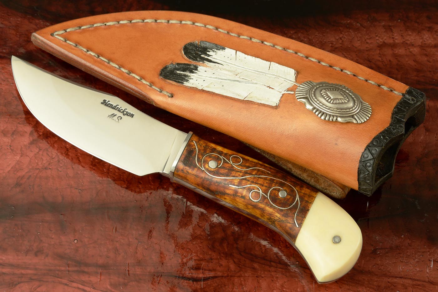 Clip Point Hunter with Curly Maple, Artificial Ivory, and Fine Silver Inlays