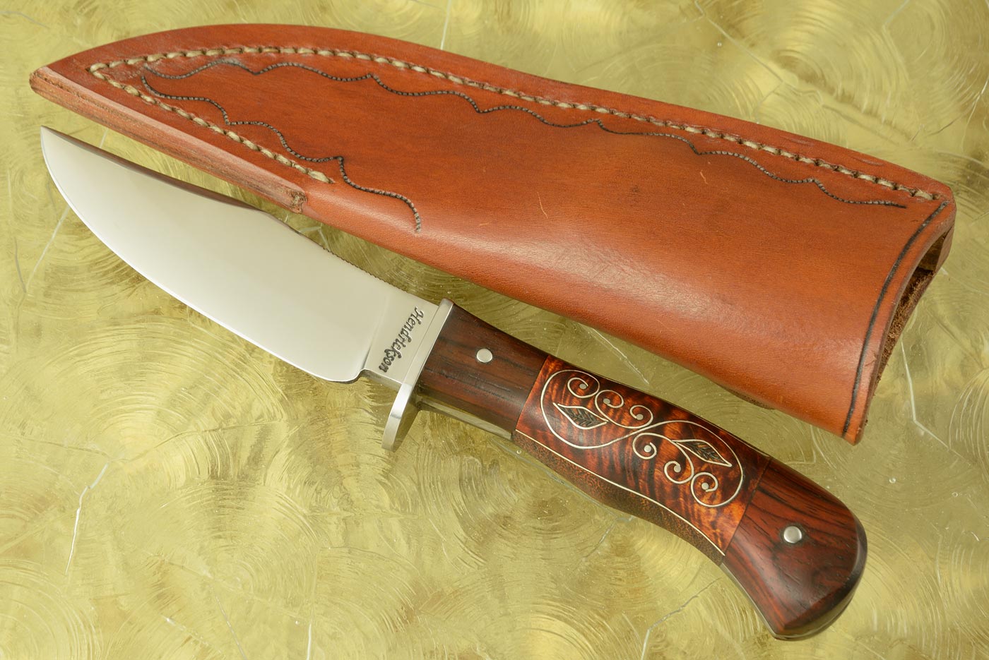 Clip Point Hunter with Rosewood, Curly Maple, and Silver Scroll Inlay