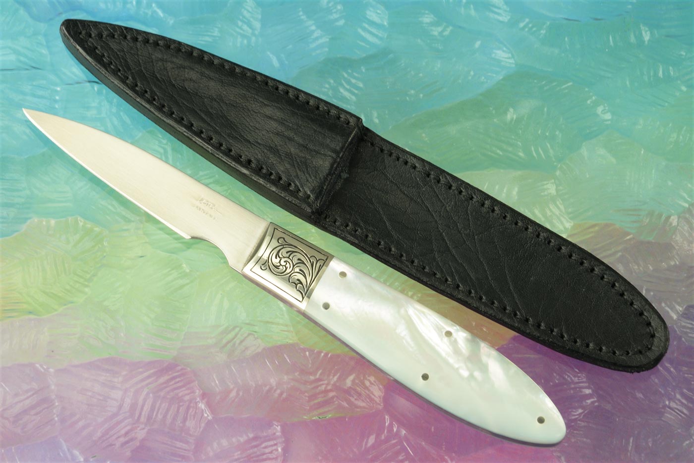 Engraved Desk Knife/Paring Knife with Whitelip Mother of Pearl
