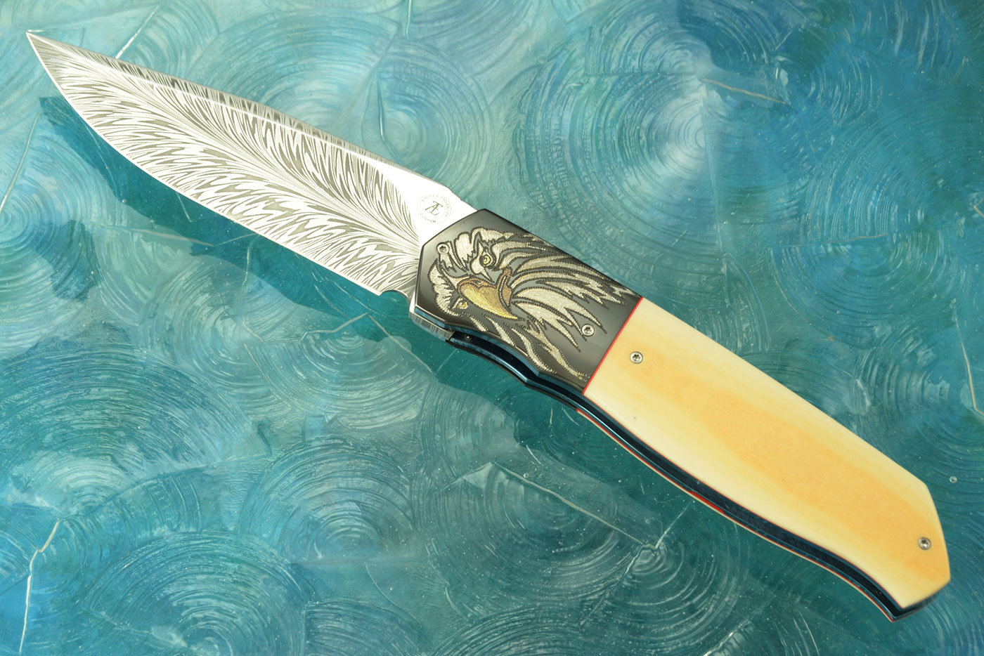 L36M Front Flipper with Feather Damascus, Westinghouse Micarta, and Zirconium (Ceramic IKBS)