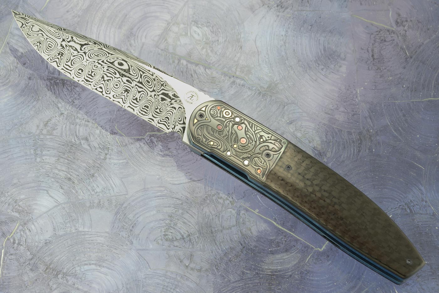 L28 Front Flipper with Damascus, Carbon Fiber, and Engraved Zirconium with Gold and Red Bronze Inlay (Ceramic IKBS)
