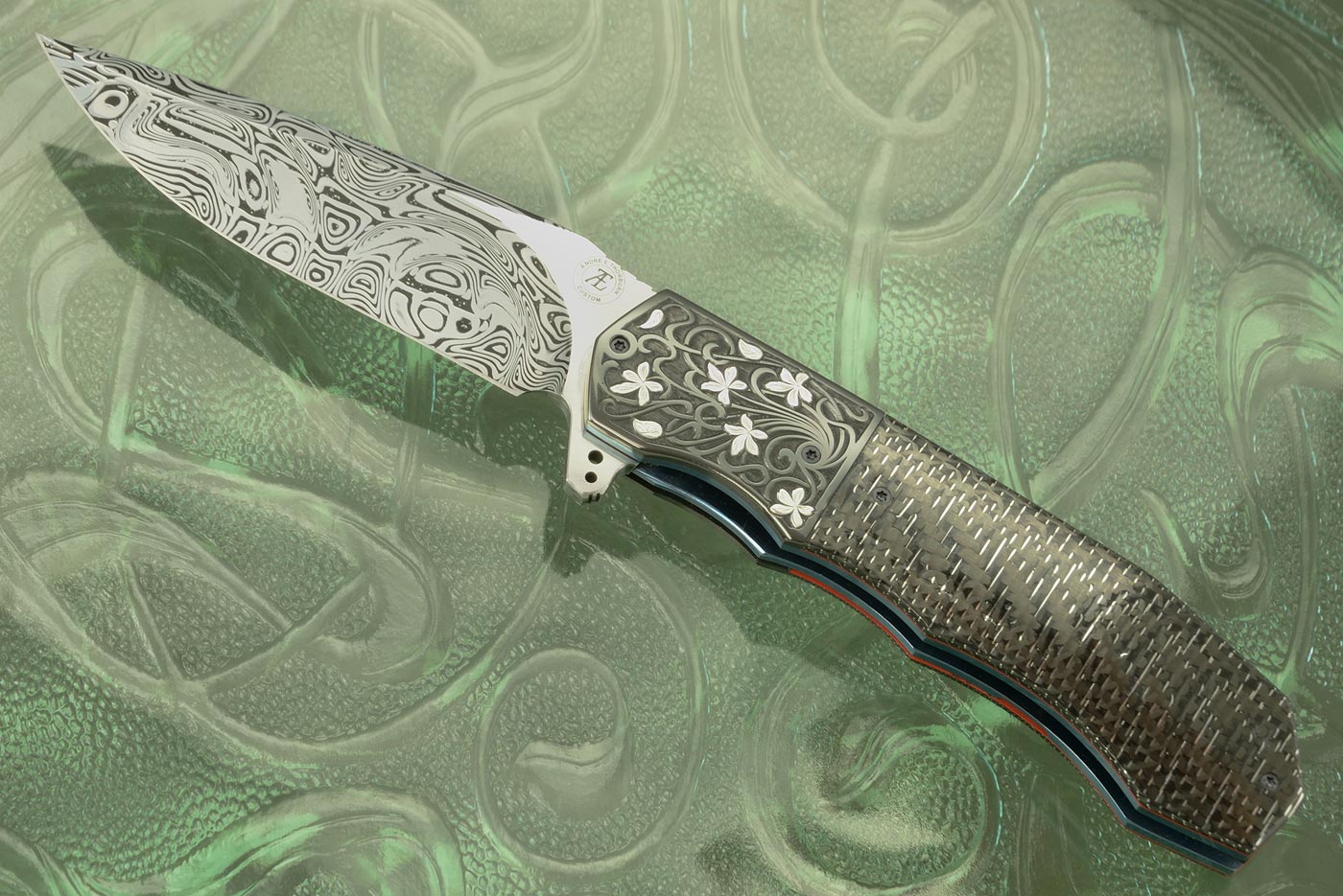 L44 Compact Flipper with Damascus, Nickel Wire Carbon Fiber, and Engraved Zirconium with Silver Inlay (Ceramic IKBS)