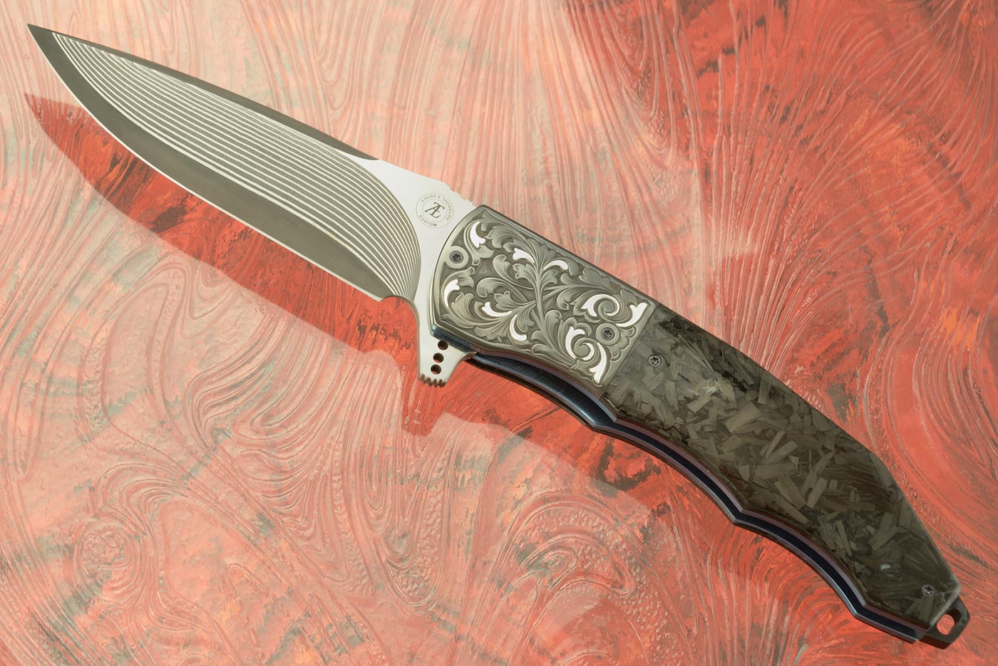 L53 Flipper with Shred Carbon Fiber, Engraved Zirconium, and SG2 San Mai Damascus (Ceramic IKBS)