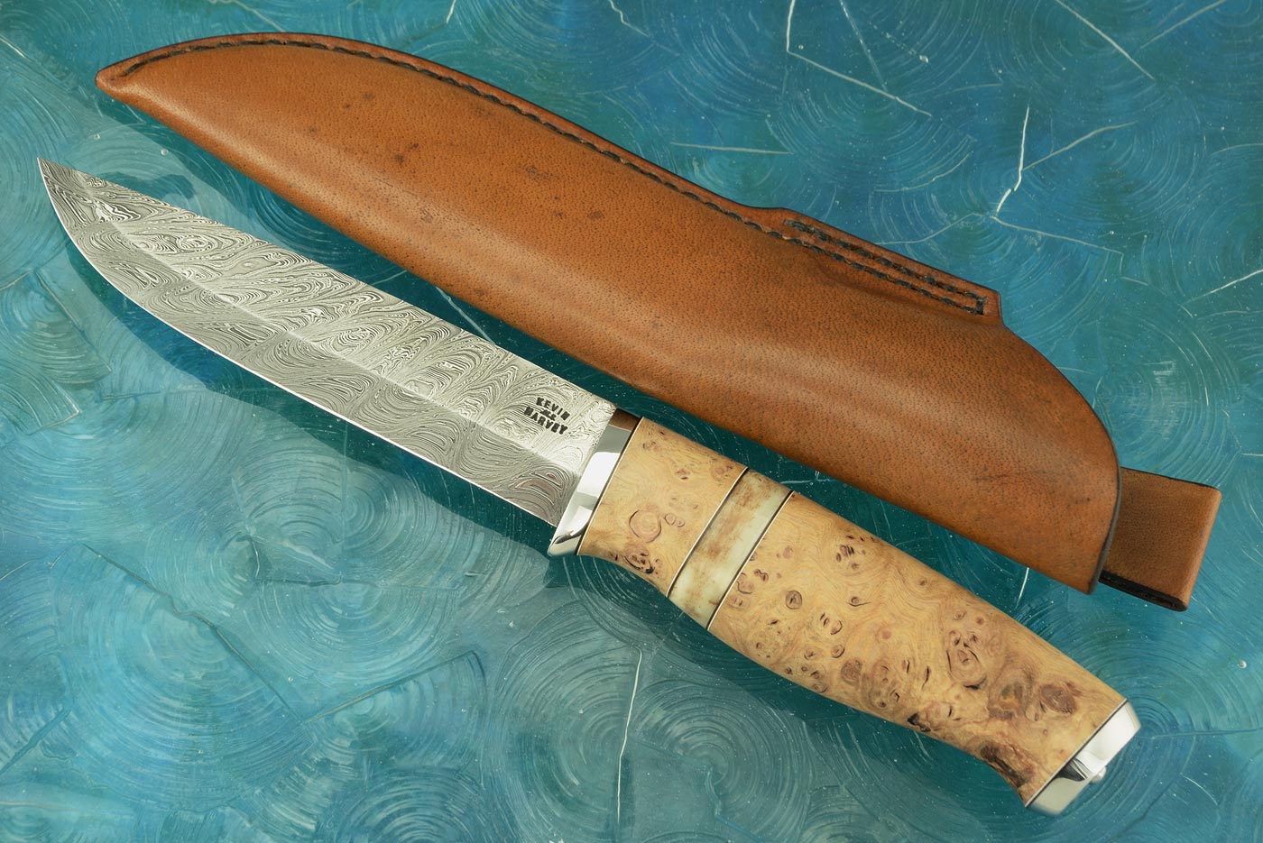 Damascus Nordic Hunter with White Pear and Bone
